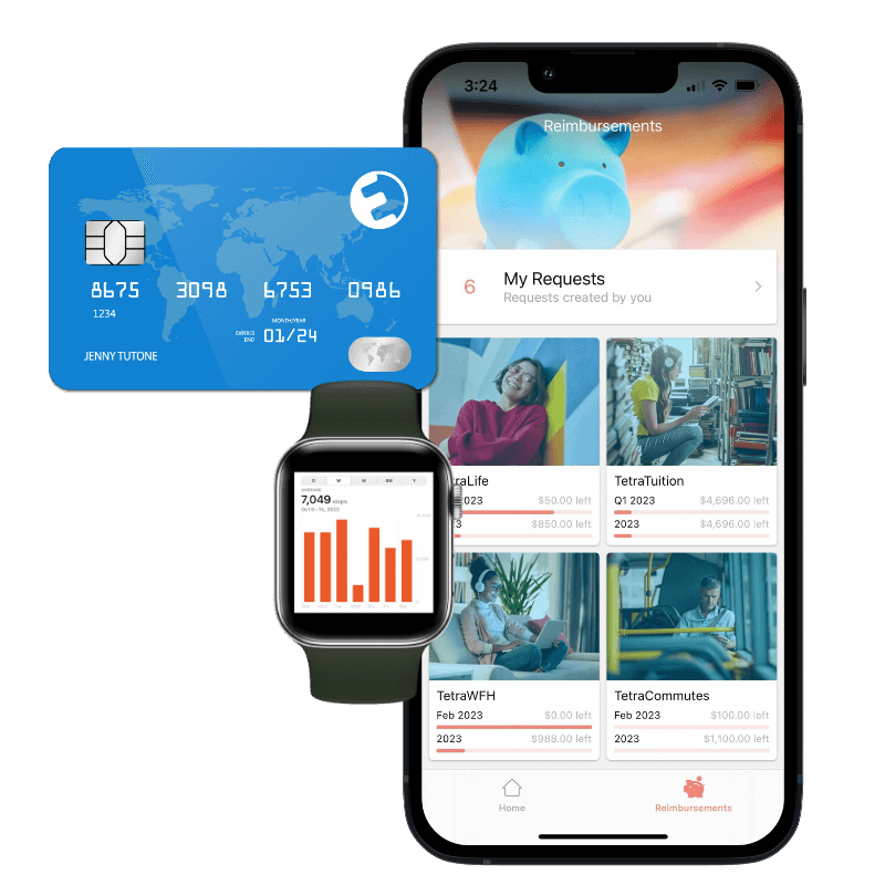 Screenshot of the Espresa Lifestyle Spending Account marketplace on a mobile phone and Apple watch and an example of an Espresa debit card.