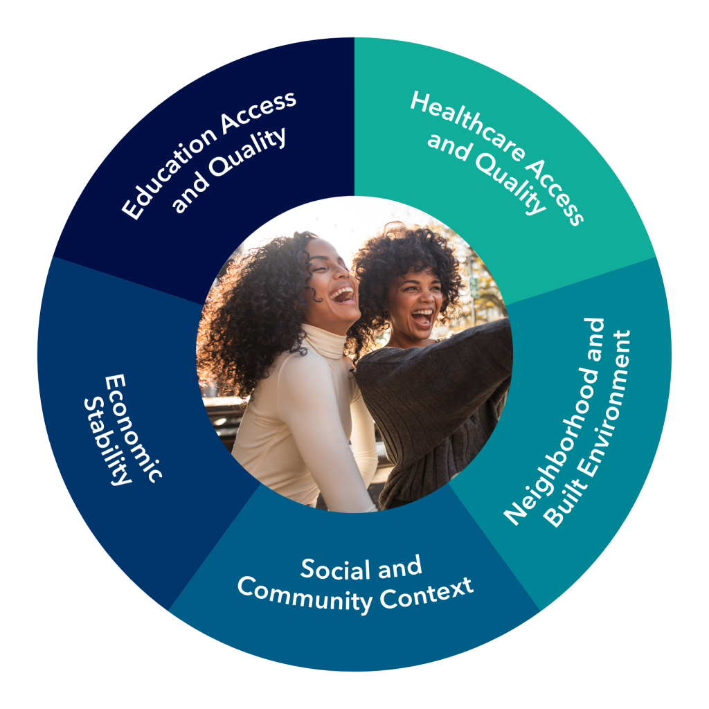 Social Determinants of Health: Education Access and Quality, Healthcare Access and Quality, Neighborhood and Built Environment, Social and Community Context, and Economic Stability.